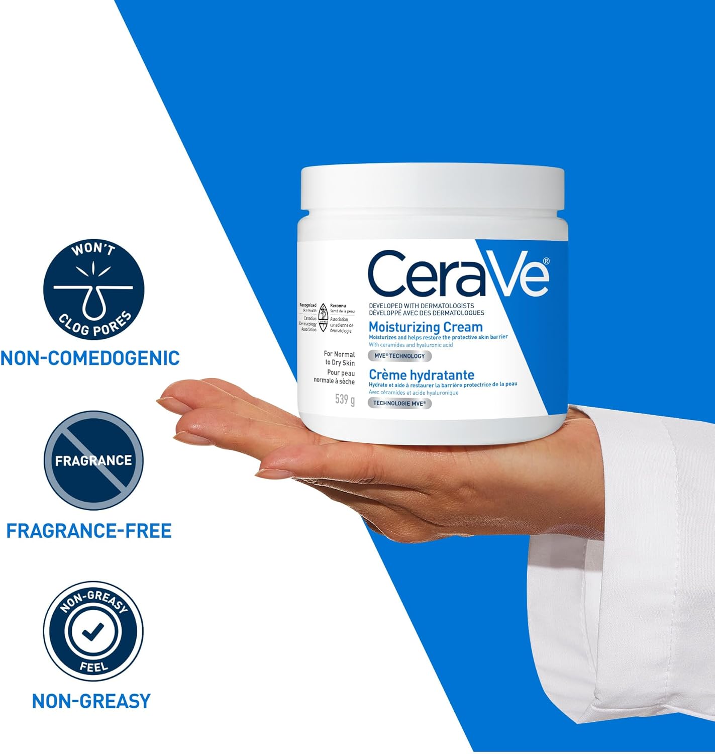 CeraVe Moisturizing Cream held in hand with non-comedogenic, fragrance-free, and non-greasy skincare benefits for dry and sensitive skin