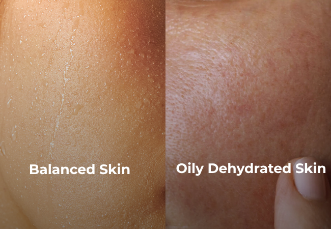 Balanced oily skin vs oily but dehydrated skin comparison showing shine dullness and patchy texture