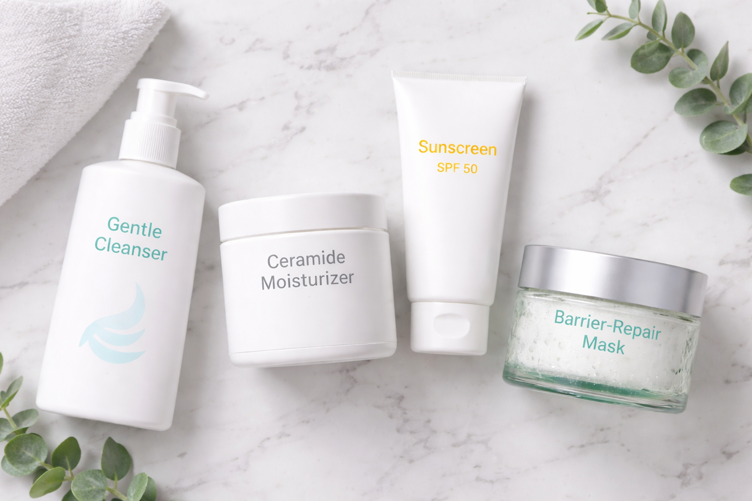 simple skin barrier repair routine for oily skin with gentle cleanser ceramide moisturizer sunscreen and hydrating mask
