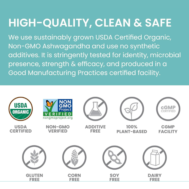 Himalaya Organic Ashwagandha supplement certifications including USDA Organic, Non-GMO Verified, additive free, 100% plant-based, gluten-free, soy-free, dairy-free, and cGMP certified facility.