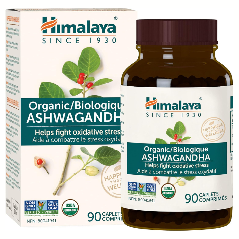 Himalaya Organic Ashwagandha 90 caplets supplement bottle and packaging for stress support, antioxidant protection, and natural mood balance.