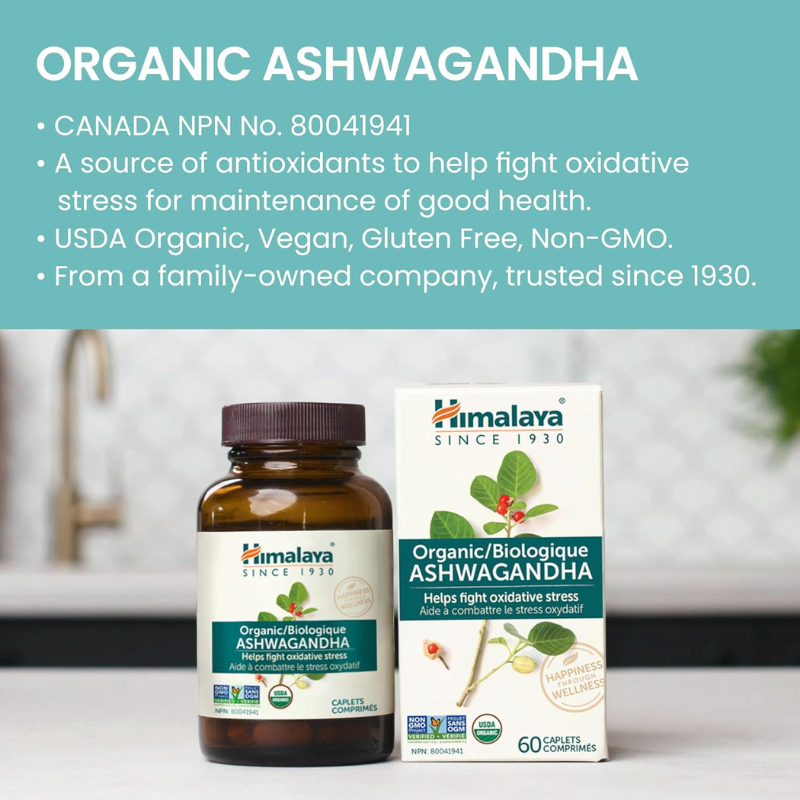 Himalaya Organic Ashwagandha supplement bottle and box displayed with text highlighting antioxidant support, USDA organic certification, non-GMO verification, and trusted since 1930.