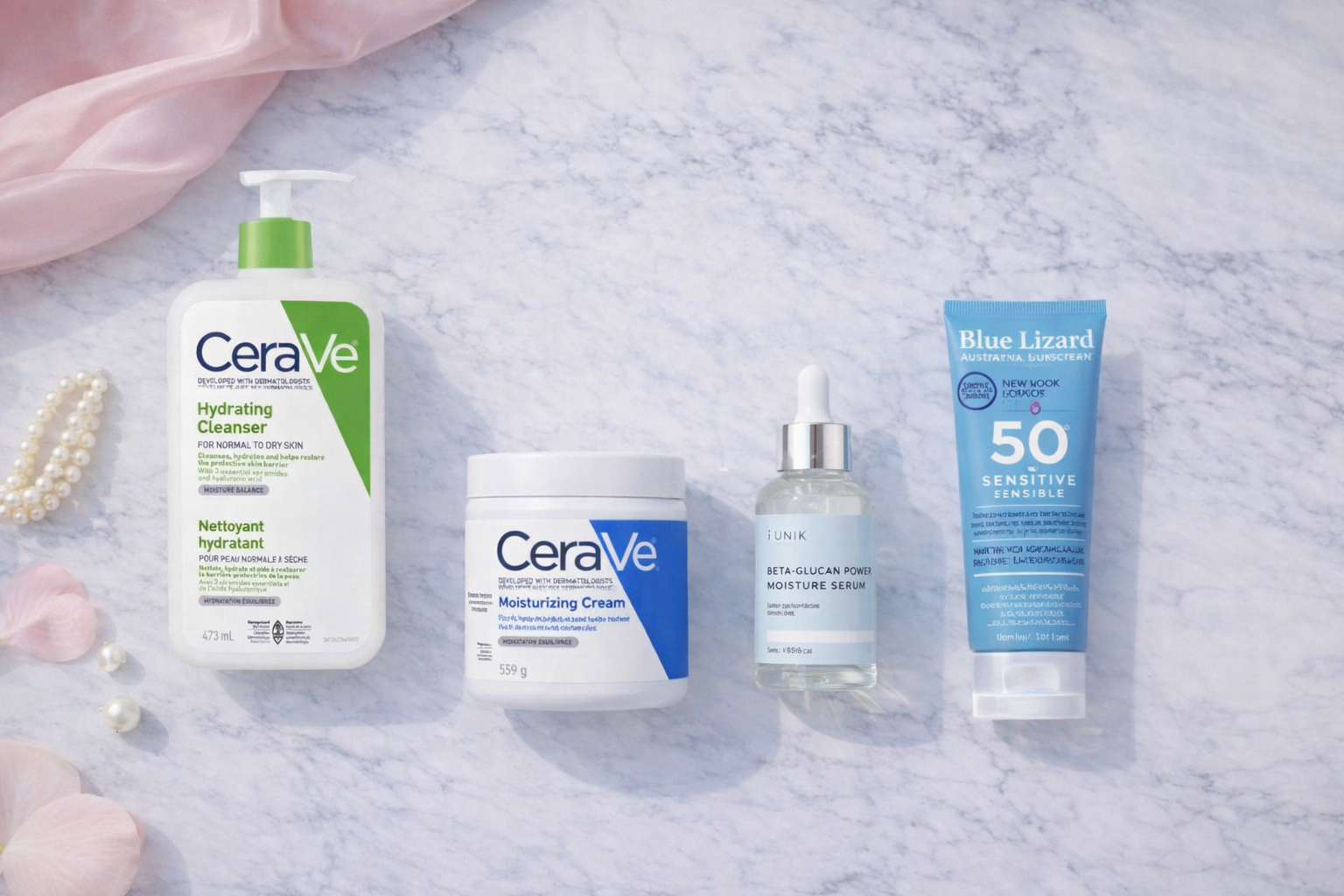 Routine for oily but dehydrated skin with gentle cleanser hydrating serum lightweight moisturizer sunscreen and overnight recovery product