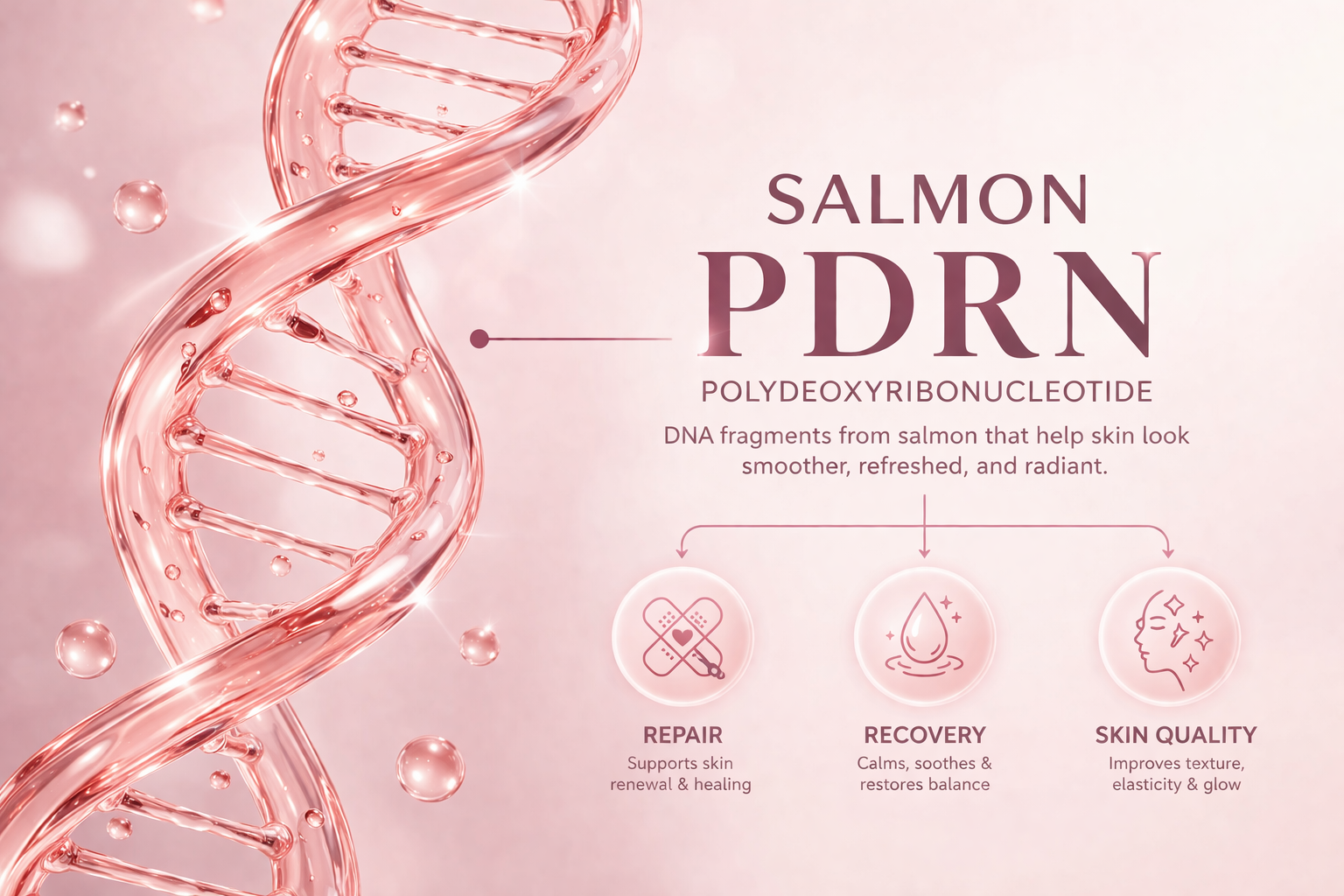 PDRN skincare diagram explaining polydeoxyribonucleotide and its connection to skin repair and recovery