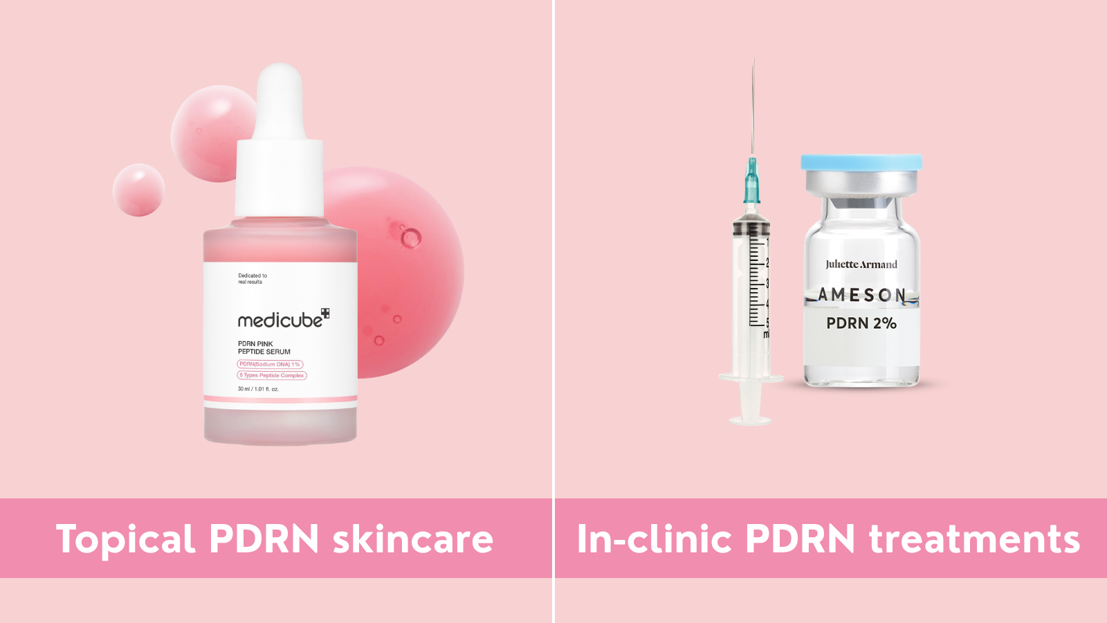 Topical PDRN skincare versus in clinic PDRN treatments comparison graphic for realistic skincare expectations
