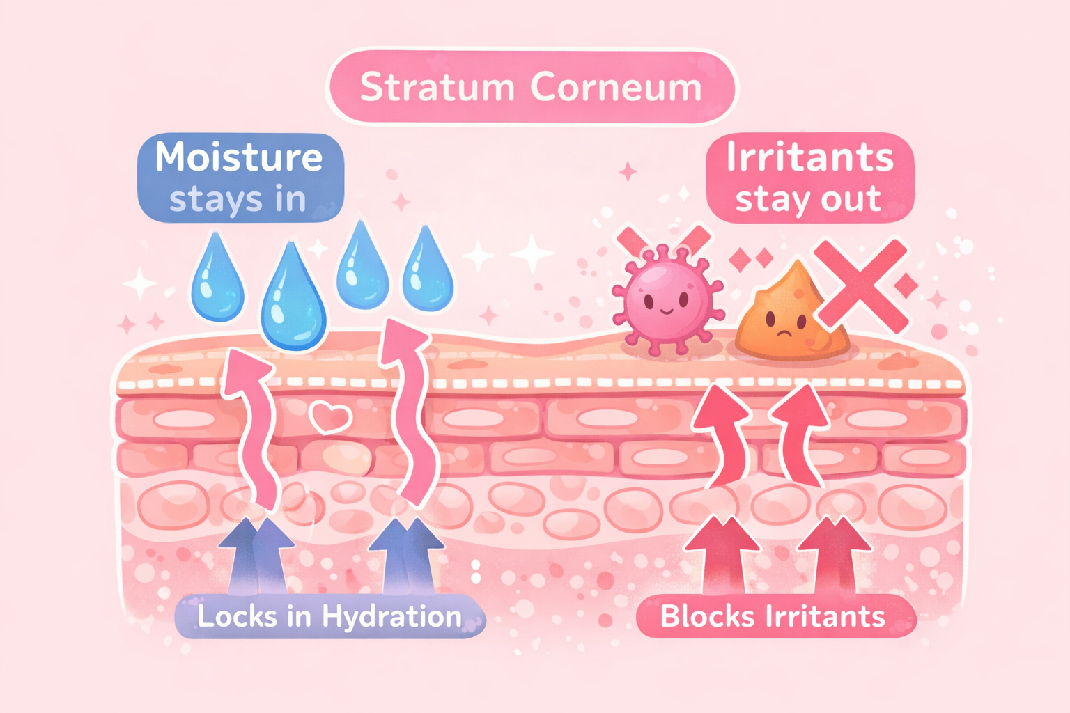 Skin barrier diagram showing the stratum corneum helping retain moisture and protect against irritants