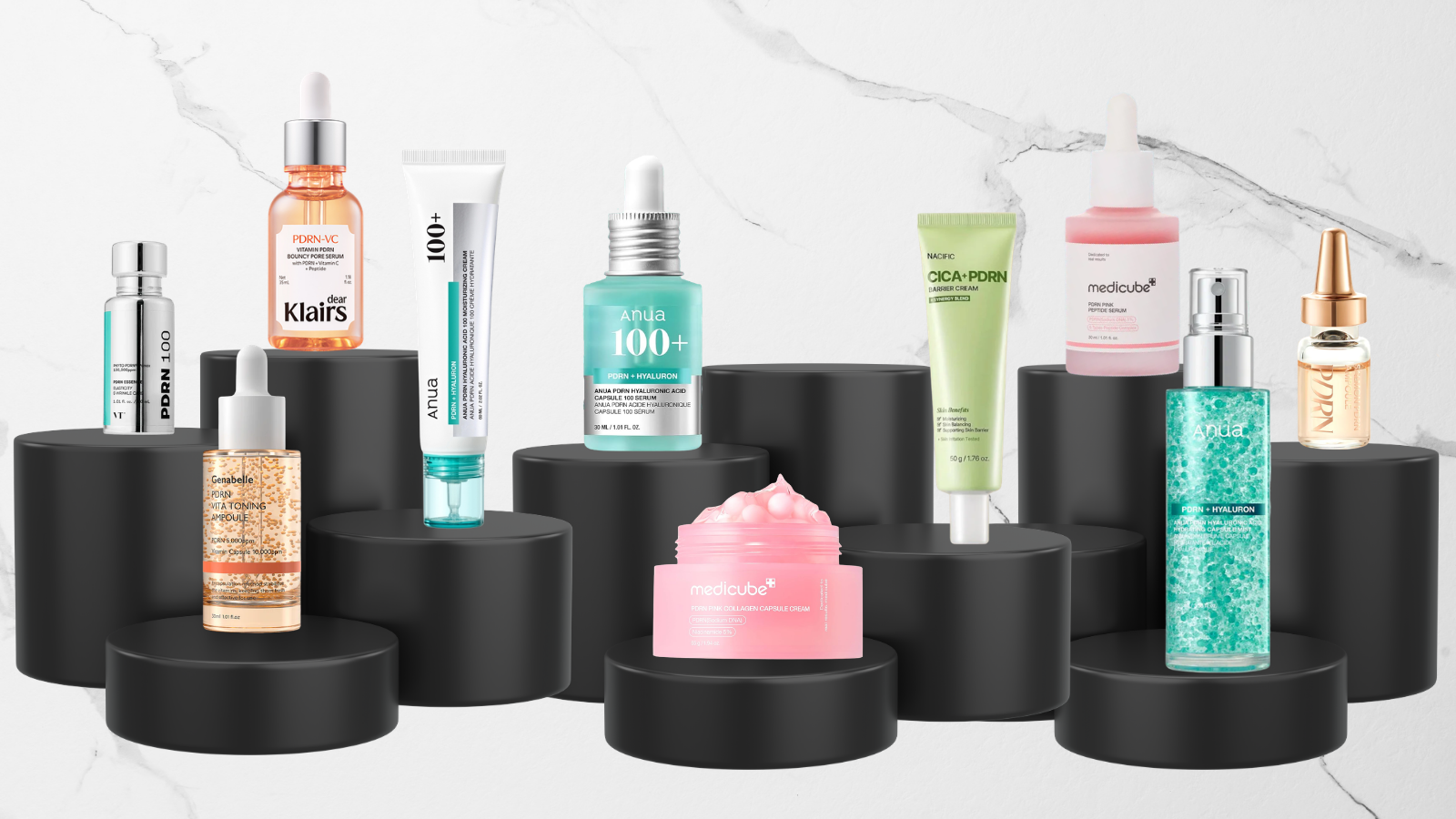 Top PDRN skincare products including serum essence and cream options for glow hydration and skin barrier support