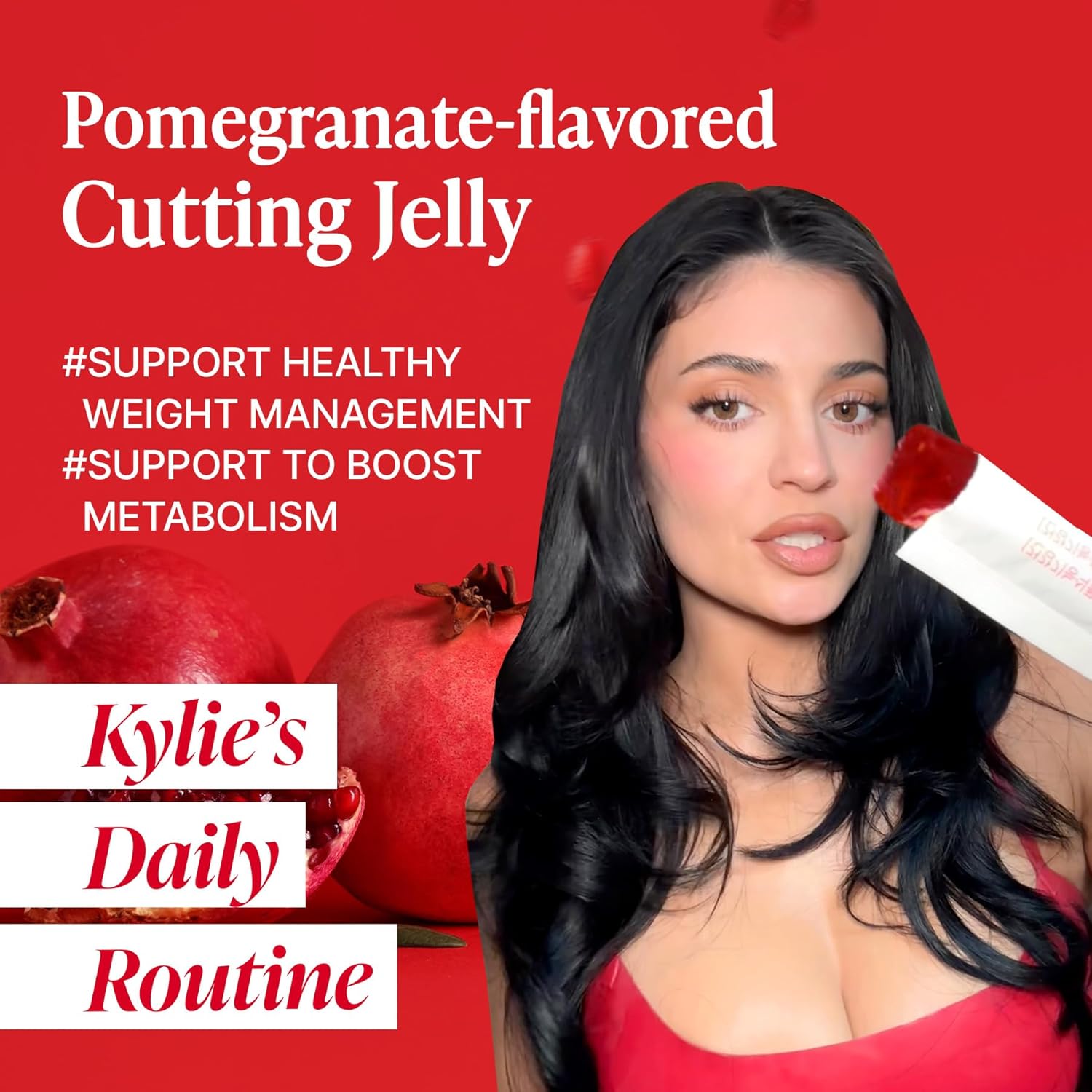 Kylie Jenner holding Foodology Coleology Cutting Jelly pomegranate stick TikTok viral Korean weight loss jelly appetite suppressant trend 2026
