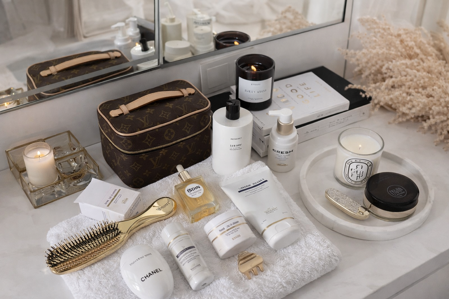 Curated luxury skincare essentials on a vanity—premium products, candles, and beauty tools representing calm living, modern glow-up routines, and self-care.