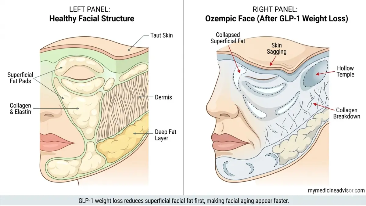 Facial fat loss diagram showing ozempic face explanation comparing healthy facial structure with collapsed fat pads and collagen breakdown