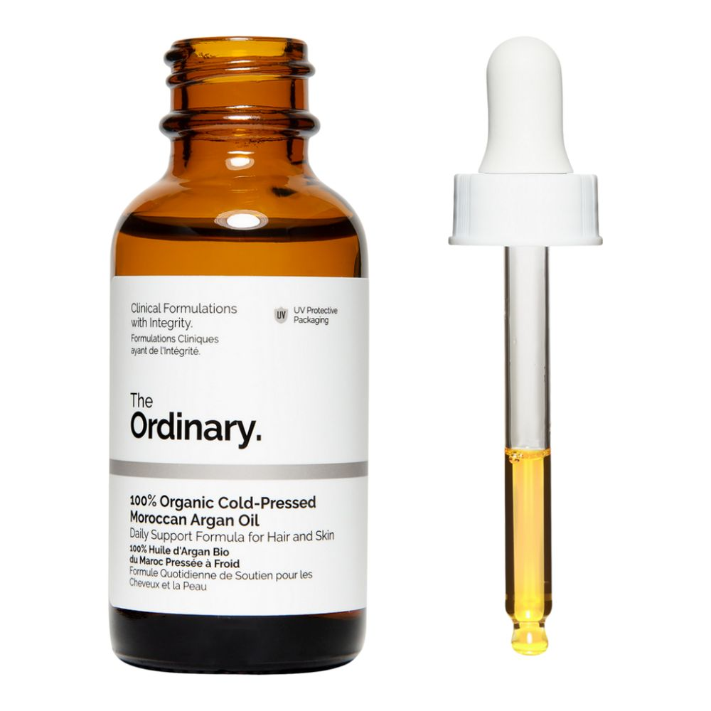 The Ordinary 100% Organic Cold-Pressed Moroccan Argan Oil dropper bottle for hair and skin