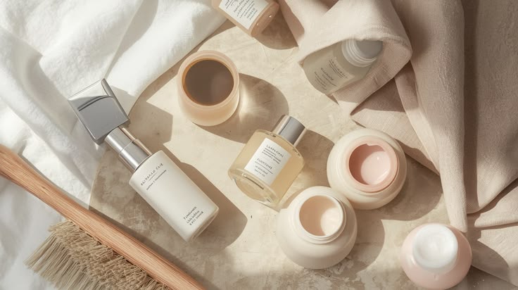 Hands holding skincare products used in a skin longevity routine including cleanser, serum, moisturizer, and barrier-repair skincare.