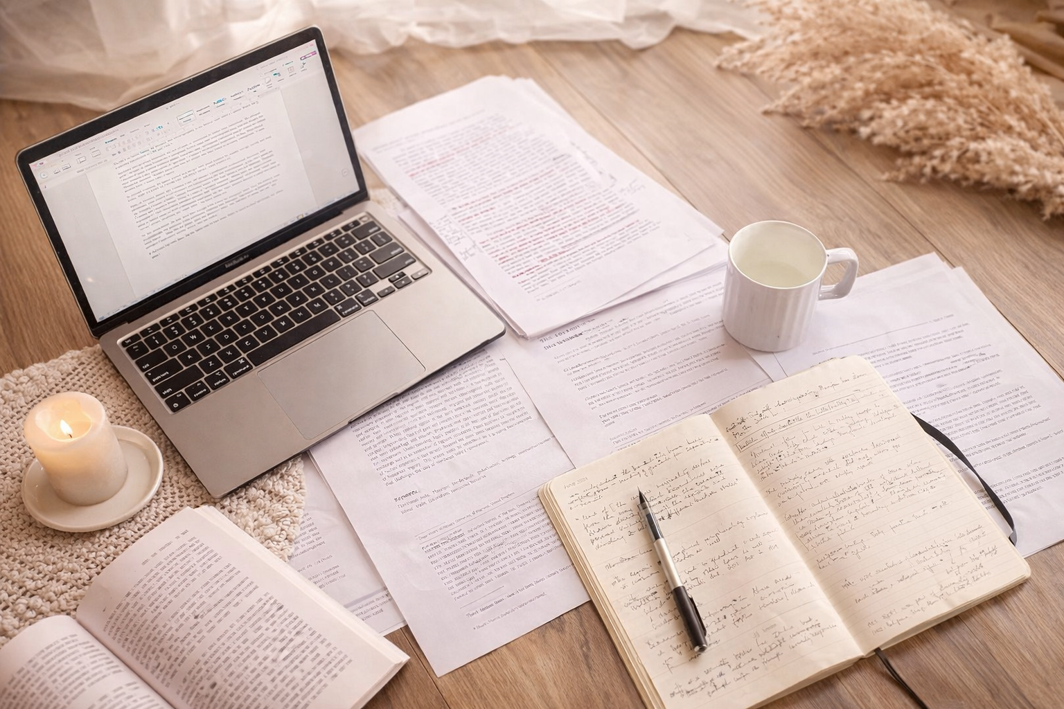Cozy editorial workspace with laptop, annotated research papers, notebook, and candle—It Girlies editorial team researching beauty, wellness, and skincare content.