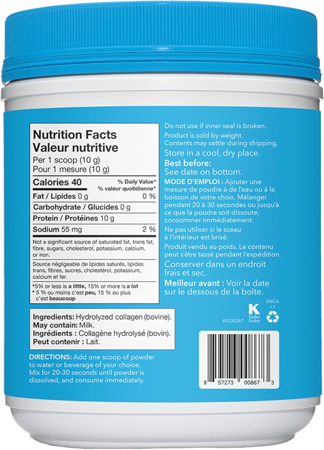 Vital Proteins Collagen Peptides nutrition label showing hydrolyzed bovine collagen supplement facts with 10g protein per serving for skin, hair, nail and joint support.