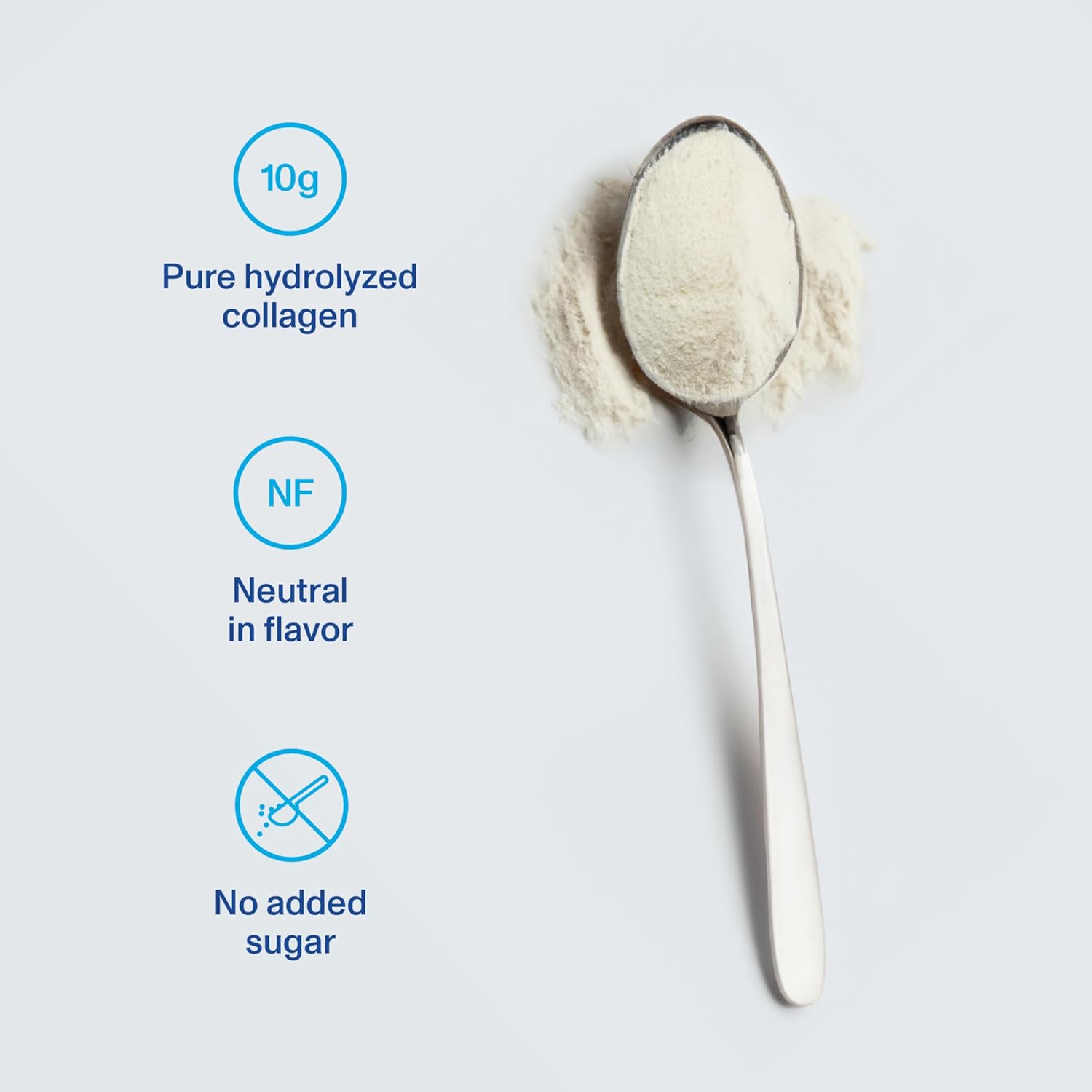 Hydrolyzed collagen peptides powder on spoon showing pure unflavored collagen supplement with no added sugar for skin elasticity and post-weight-loss skin support.
